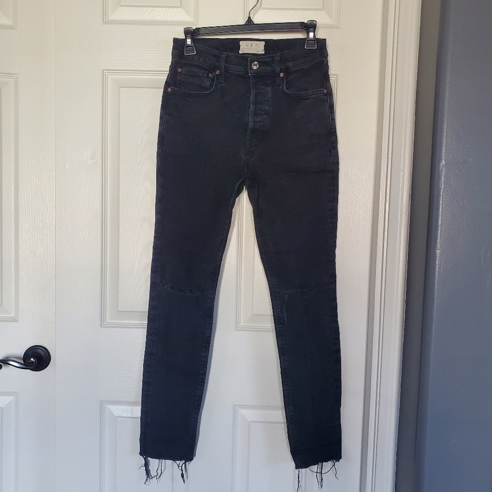 We The‎ Free Skinny Jeans High Rise Black Distressed Stretch Raw Hem Button-fly
